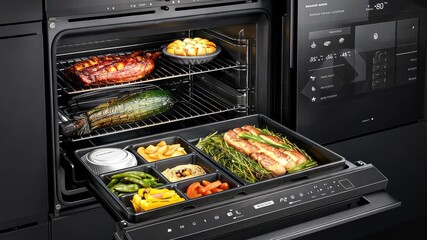 A variety of dishes are being prepared using an advanced kitchen appliance, showcasing fresh ingredients and cooking techniques