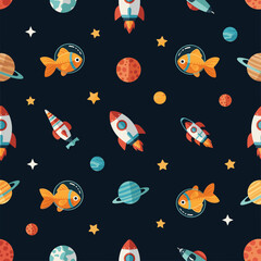 Cute Space Seamless Pattern: Goldfish Astronauts, Rockets, and Planets. Ideal for kids' products, textiles, or websites.