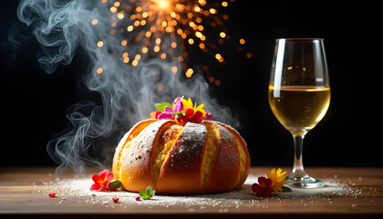 Obraz premium Festive Culinary Presentation: A visually stunning arrangement of a beautifully decorated bread with wine and decorative light, creates an ambiance of celebration.