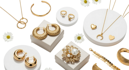 Elegant display of gold jewelry and daisies isolated PNG with Transparent Background