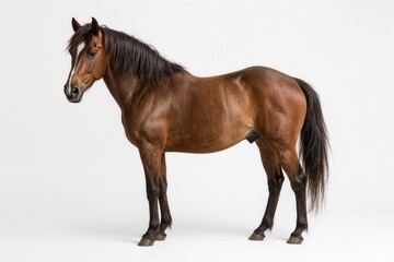 Obraz premium Side view of a brown horse with dark mane, tail and legs, standing on a white background.