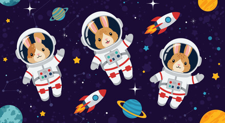 Fototapeta premium Cute rabbits in spacesuits floating in space, perfect for children's books, cards, or websites.