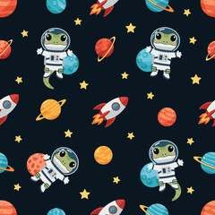 Cute Frog Astronaut Seamless Pattern: Perfect for kids' clothing, textiles, and space-themed designs.
