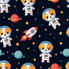 Adorable astronaut dogs and planets seamless pattern for kids' clothing, fabric, or wallpaper.