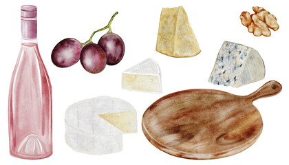 Watercolor clipart set with wine, grapes, cheese, walnut. Ideal for menu design, wine tasting invitations, packaging, branding, restaurant or picnic-themed projects.