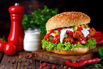 Spicy chicken burger with fresh vegetables creamy sauce on rustic wooden table