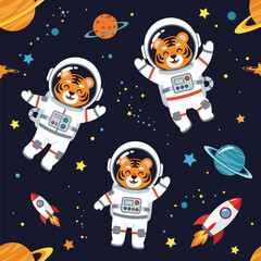 Cute tiger astronauts in space: seamless pattern for kids' fabric, textile, wallpaper, and wrapping paper.