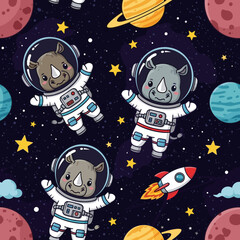Cute rhinos in spacesuits, perfect for kids' apparel, space-themed projects, or whimsical illustrations.