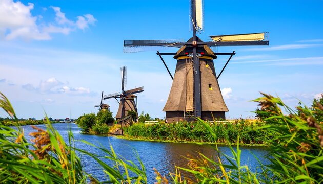 Picturesque Kinderdijk windmills against a vibrant blue sky on a sunny day