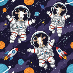 Adorable goats in spacesuits floating in space, perfect for children's books, textiles, or space-themed projects.
