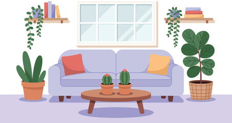 A living room with a couch, pillows, plants, books, a window, and a coffee table with cacti on it