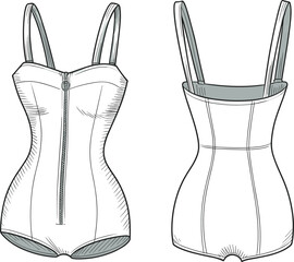 One piece bodysuit fashion flat sketch, front and back view, with zipper detail, technical design for lingerie, apparel vector template