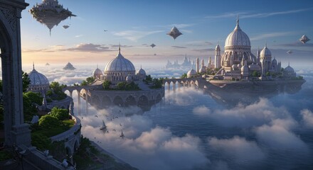 Fototapeta premium Floating city in cloudscape at dawn