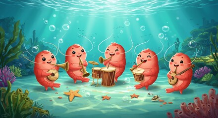 Cartoon shrimp band playing music underwater creative illustration