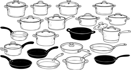 A collection of various cooking pots and pans isolated on white background

