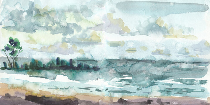 Calm, subdued horizontal watercolor landscape with lake and beach under cloudy sky in overcast weather