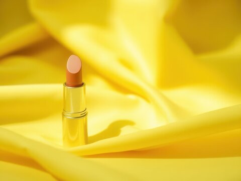 A close-up of a nude lipstick tube placed on a vibrant yellow satin fabric. The lipstick has a smooth texture and a soft pinkish hue.