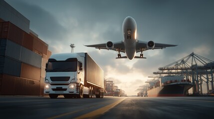 Fototapeta premium Container Ship at Twilight: A Semi-Truck Transports Cargo Along a Coastal Road at Dusk.