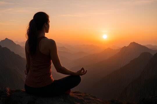 Woman meditating at sunrise on mountain peak - Powered by Adobe