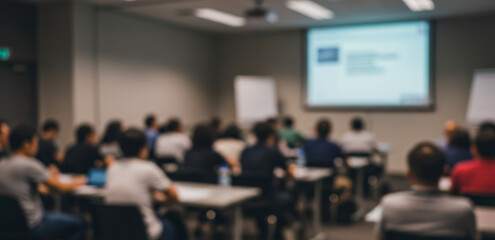 People attending a presentation in a classroom setting with a projector screen.