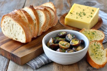 Freshly baked bread garlic butter escargot on rustic wooden table