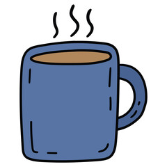 Hand-drawn cartoon blue mug of coffee with steam on a white background.