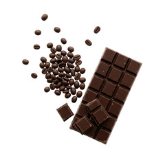 Fototapeta premium Dark chocolate bar with coffee beans isolated PNG with Transparent Background