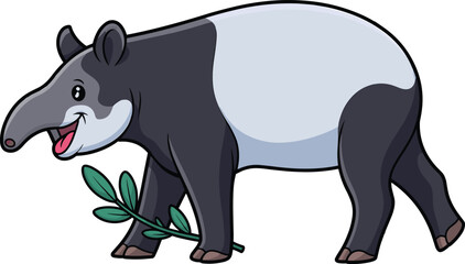 Cartoon Malayan tapir walking with leaf, cute jungle animal illustration, tropical wildlife mammal design for kids and education