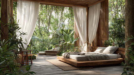 Luxurious tropical bedroom with natural decor and abundant greenery