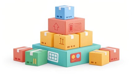 Obraz premium E-commerce and logistics concept with a pyramid of colorful shipping boxes.