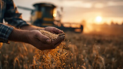 Farmer Holding Wheat Grain in Hands, Close-Up of Harvested Crop, Agricultural Production, Rural Scene, Food Security, Sustainable Farming.