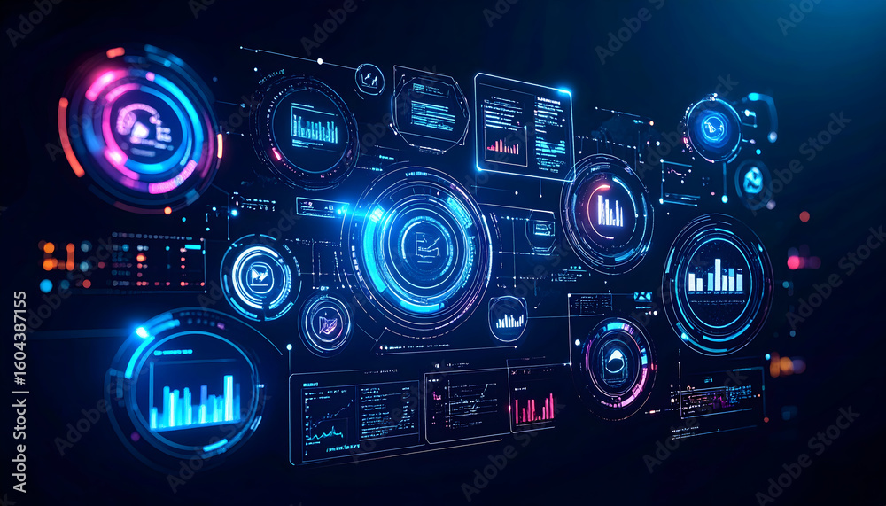 Poster futuristic technology interface with glowing data visualization graphics