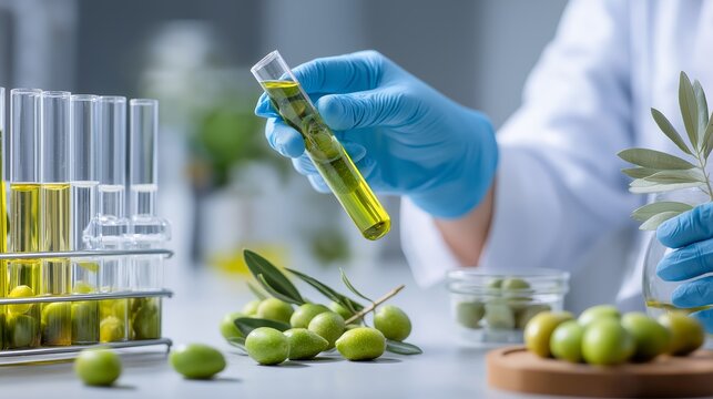 Scientist Analyzing Olive Oil Sample in Laboratory - Quality Control, Research, and Natural Product Testing