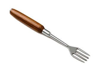 Classic Stainless Steel Fondue Fork with Wooden Handle, Front View, Isolated on Transparent Background PNG