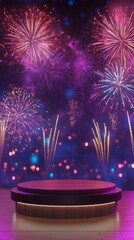 Vibrant Celebration Stage with Colorful Fireworks and Sparkling Lights