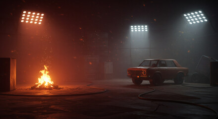A vintage car illuminated by spotlights and fire in a dark, industrial setting.