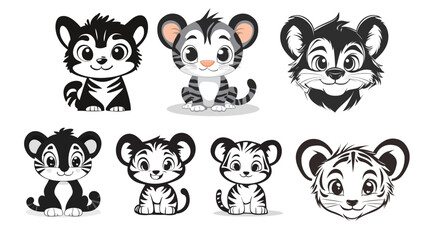 Fototapeta premium Stylized cartoon tiger cub with big ears, cute playful young tiger illustration in vector style, adorable wild animal character with expressive eyes and fluffy fur, perfect for children’s books