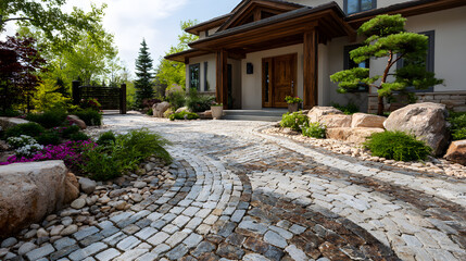 Fototapeta premium Interlocking stones create stunning driveway landscaping with carefully arranged stacks, showcasing the beauty and functionality of interlocking stones in outdoor design.