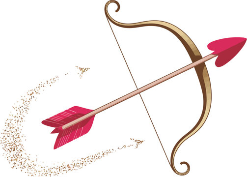 Illustration of cupid's bow and arrow with heart shaped tip on a light pink background design art