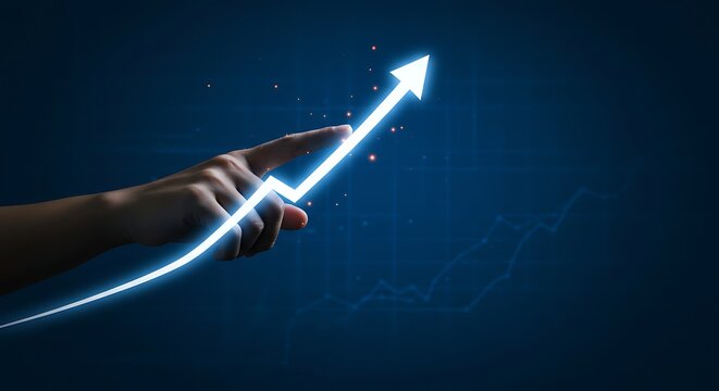 Finger pointing to a glowing blue upward arrow on dark background indicating positive financial trends