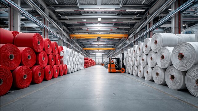 Warehouse Interior with Rolls of Fabric - Industrial Storage, Logistics, and Manufacturing Production Scene