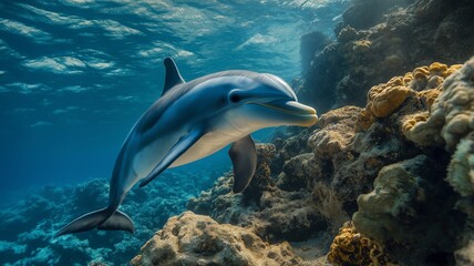 Fototapeta premium A dolphin glides effortlessly through clear water, exploring vibrant coral formations below.