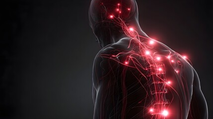 Human body with glowing red pain points on neural pathways illustrating pain or nerve stimulation, set against a dark blue background	