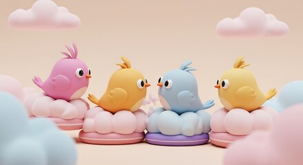 Cute birds on clouds pastel illustration