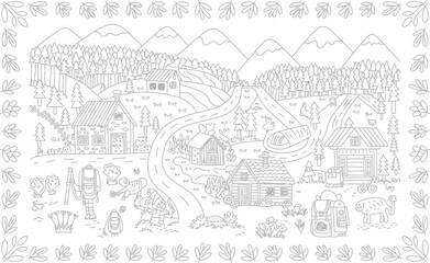 Obraz premium Illustration of a countryside scene with houses mountains trees and people in a leaf border design