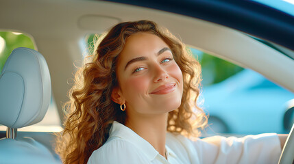 Cheerful female driver with brown curly hair in white blouse, looking back while driving, smile, contemporary vehicle interior, bright natural lighting, confident driving pose, candid moment,realistic