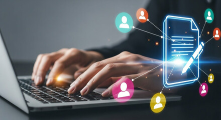 Person typing on laptop with digital document and user icons floating around