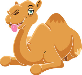 Funny cartoon camel winking and sticking tongue out, cute desert animal character illustration for kids education and creative design projects