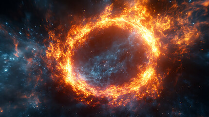 Fiery plasma ring glowing with intense orange flames in dark cosmic space, creating dynamic and powerful sci fi energy effect