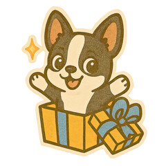 isolated transparent A cute dog emerges from a gift box. This is a kawaii image. on White Background PNG die-cut for advertising, cute dog gift box, dog gift surprise, dog gift cartoon